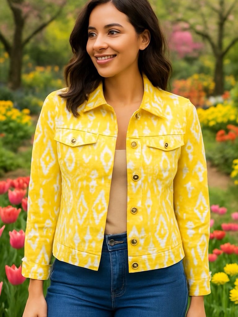 DG2 by Diane Gilman Yellow and White Jean Jacket Size S
